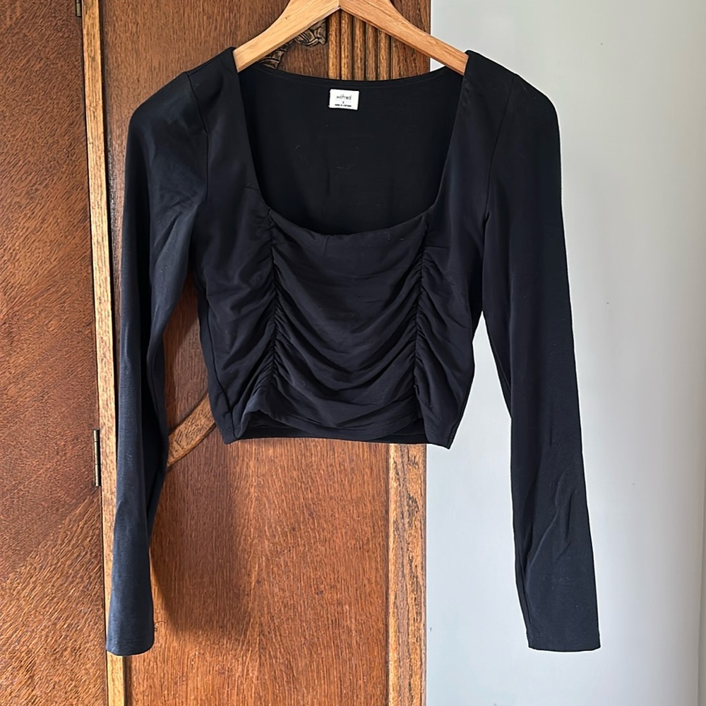 Aritzia Wilfred Lydia Top Square Neckline Gathered Front Long Sleeve Crop Small